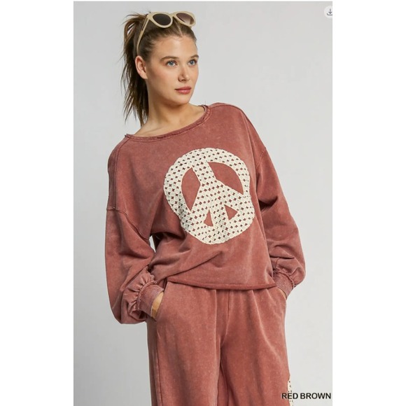 UMGEE French Terry Mineral Wash Long Sleeve Peace Sweatshirt Top Size M NWT - Picture 3 of 7